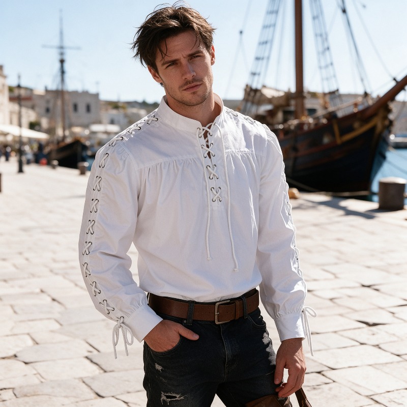 Medieval Gothic Lace Up Pirate Shirt - Camisa Medieval Pirata Masculina com Amarração,