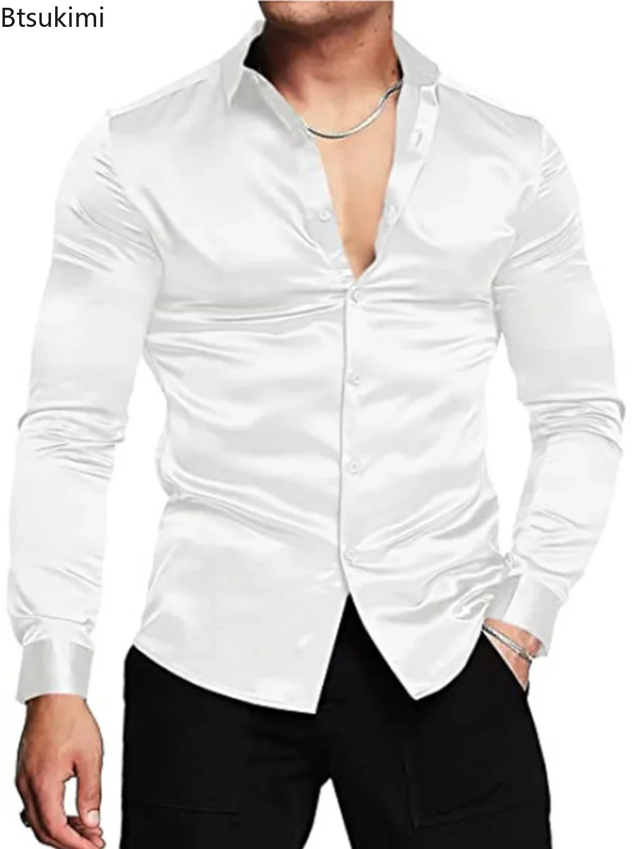 Mens Satin Silk Dress Shirt - Novo 2026 masculino luxuoso brilhante seda