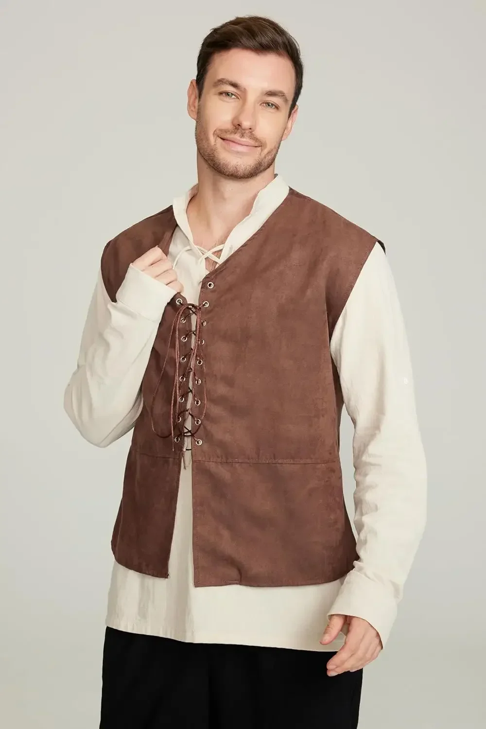 Conjunto de 2 Peças: Colete de - Medieval Gothic Lace Up Pirate Shirt avaliação e preço