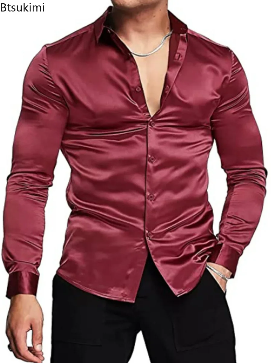 Novo 2026 masculino luxuoso br - Mens Satin Silk Dress Shirt avaliação e preço