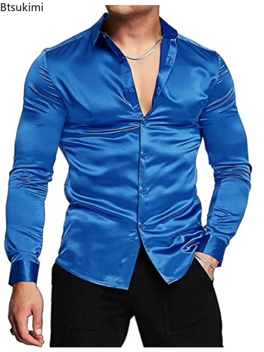 Novo 2026 masculino luxuoso br - Mens Satin Silk Dress Shirt avaliação e preço