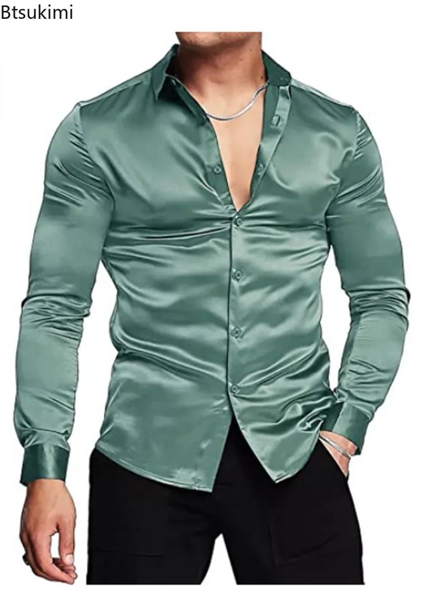 Novo 2026 masculino luxuoso br - Mens Satin Silk Dress Shirt avaliação e preço